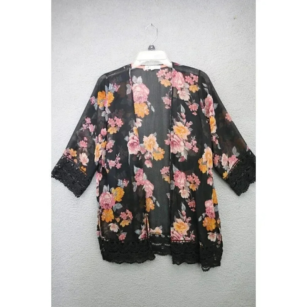 Jolt Open Front Cardigan-Sheer-Size XS-Crochet Trim‎